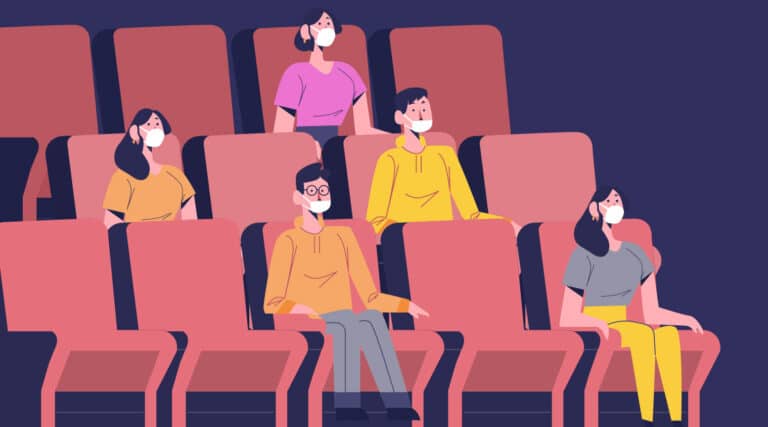 Dibujos de personas guardando la distancia de seguridad en teatros y musicales